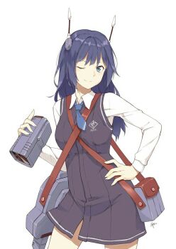 1girl ;) afa artist_name bag black_hair black_skirt blue_eyes breasts command_&amp;_conquer hand_on_own_hip handbag headset long_hair long_sleeves one_eye_closed simple_background skirt small_breasts smile standing white_background