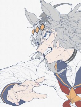 Rule 34 | 1girl, ahoge, animal ears, blue pupils, clenched teeth, commentary request, fang, fingernails, floating hair, from side, grey hair, hair ornament, highres, horse ears, jacket, long hair, long sleeves, looking ahead, multicolored hair, nail polish, oguri cap (starlight beat) (umamusume), oguri cap (umamusume), pink nails, simple background, solo, sweat, teeth, turtleneck, umamusume, upper body, v-shaped eyebrows, white background, white hair, yukige subaru