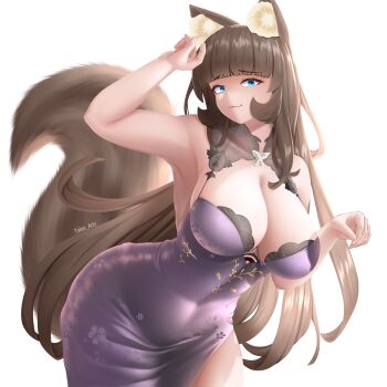 :3 absurdres amagi_(azur_lane) animal_ear_fluff animal_ears arm_up armpits azur_lane blue_eyes breasts brown_hair brown_tail cat_ears cat_girl cat_tail cleavage cosplay dress fluffy green_eyes highres lace large_breasts long_hair looking_at_viewer multicolored_eyes original ornament paw_pose simple_background tail takie takie_arts very_long_hair white_background wide_hips