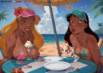 2girls aqua_bikini aqua_hat areola_slip artist_name beach beach_umbrella bikini black_hair blonde_hair blue_bikini blue_eyes blush breasts brown_eyes cleavage cloud day flower food food_between_breasts forkedtail hair_flower hair_ornament hat hibiscus highres ice_cream large_breasts lifeguard_(lilo_&amp;_stitch) lilo_&amp;_stitch lips long_hair multiple_girls nani_pelekai outdoors palm_tree pink_bikini pink_hat plate red_flower shell small_breasts starfish subscribestar_username sundae sweat swimsuit table tree umbrella visor_cap water watermark web_address