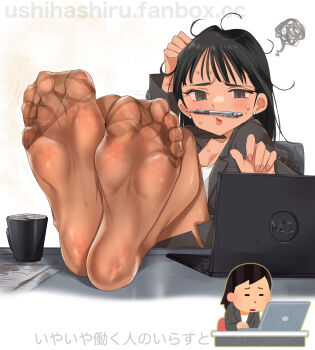 1girl black_eyes black_hair computer cup desk feet laptop light_blush long_hair looking_at_viewer mug office_lady pantyhose parted_lips pen pencil_as_mustache soles steam toes ushihashiru