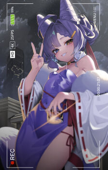 1girl absurdres ahoge bare_shoulders bell black_choker blue_eyes blurry braid breasts building choker commentary_request cone_hair_bun covered_navel cowboy_shot cup depth_of_field detached_sleeves dress fake_phone_screenshot fake_screenshot feather_boa fox_tail grin hair_bun hair_rings hand_up heterochromia highres holding holding_cup jingle_bell korean_commentary long_hair looking_at_viewer m_cream01 nail_polish purple_dress purple_hair purple_nails side-tie_peek side_slit small_breasts smile solo stellive strapless strapless_dress tail tenko_shibuki thighs v viewfinder virtual_youtuber wide_sleeves yellow_eyes