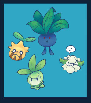 blue_background blue_border border cottonee gen_1_pokemon gen_2_pokemon gen_5_pokemon highres ildahl leaf looking_at_viewer nintendo no_humans oddish outside_border petilil pokemon pokemon_(creature) simple_background speech_bubble sunkern