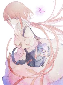 1girl after_war_gundam_x bag commentary_request dress expressionless floating_hair grey_eyes gundam highres long_hair looking_at_viewer low_ponytail orange_hair own_hands_together ponytail solo sumi_keiichi tiffa_adill very_long_hair