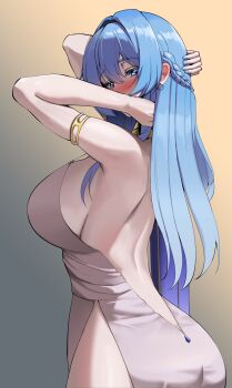1girl absurdres arm_strap arms_up ass back backless_outfit bare_shoulders blue_eyes blue_hair blush braid breasts cocktail_dress commentary_request cowboy_shot dress earrings from_behind goddess_of_victory:_nikke gradient_background grey_dress helm_(chandelier)_(nikke) helm_(nikke) highres jewelry korean_commentary large_breasts long_hair looking_at_viewer looking_back minji_(jimin10804) official_alternate_costume sideboob simple_background sleeveless solo