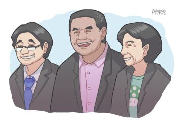 Rule 34 | 1-up mushroom, 3boys, artist name, ayyk92, black hair, blouse, blue neckwear, business suit, closed eyes, collared shirt, formal clothes, glasses, green shirt, iwata satoru, male focus, miyamoto shigeru, multiple boys, necktie, nintendo, open mouth, pink shirt, print shirt, real life, reggie fils-aime, shirt, short hair, smile, suit