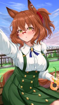 1girl absurdres animal_ears aston_machan_(casual)_(umamusume) aston_machan_(umamusume) blurry blurry_background blush breasts brown_hair casual cityscape cup fingernails glasses green_eyes hachi7515 hair_between_eyes hair_ornament highres horse_ears medium_breasts medium_hair open_mouth selfie sitting sky solo umamusume