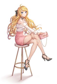 1girl ahoge artemia_(king&#039;s_raid) artist_request bag bare_legs bead_bracelet beads black_choker black_ribbon black_shoes blonde_hair blouse blue_eyes blush bracelet choker clutch_purse commentary commentary_request english_commentary floating_hair frilled_sleeves frills full_body hair_ribbon half_updo hand_on_lap handbag high-waist_skirt high_heels highres holding holding_bag jewelry king&#039;s_raid korean_commentary long_hair long_sleeves miniskirt mixed-language_commentary off-shoulder_shirt off_shoulder official_alternate_costume official_art on_stool pink_skirt ribbon ribbon_choker second-party_source shirt shoes simple_background skirt smile solo stool strappy_heels wavy_hair white_background white_shirt