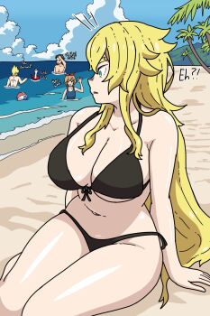 2girls 3girls apoelayoshi7 asphyxiation ball beach beachball bikini black_hair blonde_hair breasts cleavage curvy drowning frederica_baumann garfiel_tinsel green_eyes hair_between_eyes highres huge_breasts long_hair looking_at_another multiple_girls natsuki_subaru ocean on_ground one-piece_swimsuit orange_hair otto_suewen palm_tree petra_leyte re:zero_kara_hajimeru_isekai_seikatsu sand short_hair swimsuit thick_thighs thighs tree wide_hips