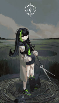Rule 34 | 1girl, :o, animal, bandaid on thigh, black cat, black eyes, black hair, black hoodie, black shoes, blunt bangs, bright pupils, cat, coat, commentary, crop circle, english commentary, field, gardening shears, gina 61324, green streaks, grey coat, holding, hood, hood down, hoodie, long hair, multicolored hair, no pants, open clothes, open coat, original, outdoors, parted lips, print hoodie, shoes, shovel, sneakers, solo, streaked hair