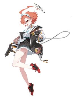 1girl :d absurdres black_halo black_skirt blue_archive braid full_body gun halo highres holding holding_gun holding_weapon jacket legs long_sleeves looking_at_viewer mole mole_under_eye neru_(blue_archive) open_mouth panties pepperdevil pleated_skirt red_eyes red_hair red_shoes shirt shoes simple_background single_braid skirt smile solo thighs underwear weapon white_background white_panties white_shirt