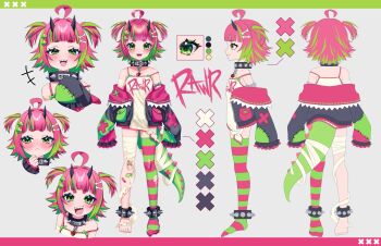 +++ 1girl ahoge bandaged_arm bandaged_leg bandaged_tail bandages bandaid bandaid_on_knee bandaid_on_leg bare_shoulders black_horns black_jacket blunt_bangs blush bone_hair_ornament camisole clothes_down clothes_writing collar color_guide commentary commission crossed_bandaids cuffs dinosaur_girl dinosaur_tail english_commentary flipped_hair full_body green_eyes green_hair green_thighhighs hair_ornament highres horns huge_ahoge indie_virtual_youtuber jacket kumizoko long_sleeves mesugaki multi-source_commentary multicolored_hair multicolored_thighhighs official_art open_clothes open_jacket pink_hair pink_thighhighs reference_sheet second-party_source shackles sharp_teeth shirt shiyasuzu short_hair single_bare_foot single_thighhigh sleeves_past_fingers sleeves_past_wrists smile smug spiked_collar spikes stitches strap_slip streaked_hair tail teeth thighhighs tied_shirt two-tone_hair two-tone_thighhighs upper_teeth_only virtual_youtuber white_camisole