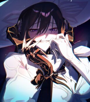 1girl absurdres asymmetrical_gloves biting_own_lip black_background black_hair blush bow breasts chain claws cleavage commentary constance_(honkai:_star_rail) demon_horns dress elisbian english_commentary flower gloves hair_between_eyes hands_on_own_face hat highres honkai:_star_rail honkai_(series) horns large_breasts looking_at_viewer mismatched_gloves mole mole_under_eye purple_eyes white_dress