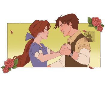 Rule 34 | 1boy, 1girl, anastasia (1997), anya (anastasia), blue dress, blue eyes, collared shirt, commentary, dimitri (anastasia), disney, dress, english commentary, eye contact, flower, french commentary, gradient background, green vest, holding hands, looking at another, mixed-language commentary, pink flower, pink rose, ponytail, profile, purplishartz, red hair, rose, shirt, smile, vest, watch, wristwatch