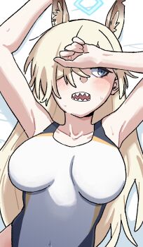 1girl animal_ears arms_up blonde_hair blue_archive blue_eyes blush breasts competition_swimsuit dog_ears extra_ears hair_over_one_eye halo highres kanna_(blue_archive) kanna_(swimsuit)_(blue_archive) large_breasts long_hair one-piece_swimsuit open_mouth osame sharp_teeth solo sweat swimsuit teeth