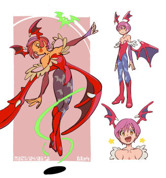 1girl animal_print bare_shoulders bat_print blue_pantyhose boots character_name collarbone commentary_request darkstalkers dated demon_wings futa_yuri_ryona high_heel_boots high_heels highres leotard lilith_(darkstalkers) looking_to_the_side pantyhose purple_eyes red_eyes red_leotard solo strapless strapless_leotard wings