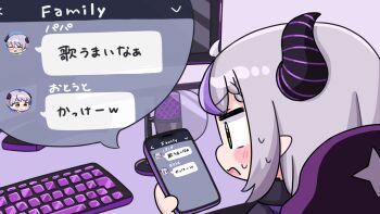 1girl black_dress blush_stickers brown_eyes cellphone chibi commentary_request demon_horns desk dress grey_hair highres holding holding_phone hololive horns la+_darknesss la+_darknesss_(1st_costume) long_hair microphone mochimiko monitor multicolored_hair open_mouth phone pink_background profile purple_hair simple_background solo streaked_hair sweat translation_request virtual_youtuber