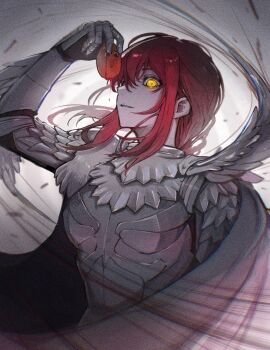 1girl armor berserk cape chainsaw_man cosplay egg griffith_(berserk) griffith_(berserk)_(cosplay) highres holding holding_egg long_hair looking_at_viewer makima_(chainsaw_man) plate_armor pochita_(chainsaw_man) red_hair sakuranuts00 sidelocks solo white_armor white_cape yellow_eyes