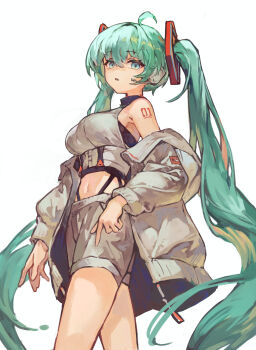 1girl absurdres aqua_eyes aqua_hair breasts coat commentary_request grey_coat grey_shorts hair_between_eyes hatsune_miku headset highres long_hair looking_at_viewer medium_breasts navel number_tattoo off_shoulder open_clothes open_coat shorts simple_background solo tattoo twintails vocaloid white_background yanyan_(shinken_gomi)