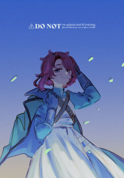 Rule 34 | 1girl, absurdres, adversarial noise, blue background, blue eyes, blue shirt, closed mouth, coat, coat on shoulders, dress, gauntlets, gradient background, green coat, hand on own head, hands up, highres, looking at viewer, marsha (reverse:1999), red hair, reverse:1999, shirt, short hair, shoulder belt, sketch, smile, solo, tn kn1000, upper body, watermark, white dress