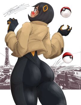 1girl artdawgsama ass ass_focus black_hair blush bodysuit dark_skin embarrassed emma_(pokemon) from_behind gloves highres huge_ass jacket nintendo pokemon pokemon_legends:_z-a purple_eyes short_hair skin_tight solo