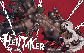 1girl abs armband armor bikini black_bikini black_boots black_horns black_tail boots breasts character_name clawed_gauntlets cleavage copyright_name cropped_jacket dark-skinned_female dark_skin demon_horns demon_tail dual_wielding forehead greaves grey_eyes helltaker high_heel_boots high_heels highres holding holding_skull horns impossible_clothes judgement_(helltaker) lips looking_at_viewer medium_breasts monori_rogue narrow_waist parted_bangs pinup_(style) ponytail red_armband red_background ringed_eyes scrunchie segmented_horns skull smile solo spikes strapless strapless_bikini swimsuit tail thick_thighs thigh_boots thigh_strap thighhighs thighs tonfa torn_boots weapon white_hair