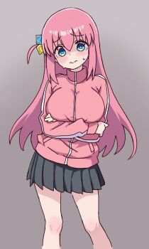 1girl arms_under_breasts black_skirt blue_eyes blush bocchi_the_rock! breasts commentary_request cowboy_shot crossed_arms cube_hair_ornament frown gotoh_hitori grey_background hair_between_eyes hair_ornament jacket large_breasts long_hair miniskirt nattocurryumeee oekaki one_side_up paint_chat_(medium) pink_hair pink_jacket pink_track_suit pleated_skirt simple_background skirt solo sweatdrop track_suit turtleneck turtleneck_jacket very_long_hair wavy_hair