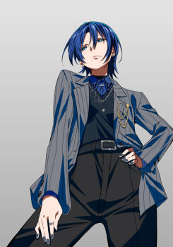 Rule 34 | 1girl, belt, black belt, black pants, black sweater, blue eyes, blue hair, blue nails, blue shirt, collared shirt, commentary request, grey background, grey jacket, hand on own hip, highres, hiodoshi ao, hiodoshi ao (1st costume), hololive, hololive dev is, jacket, jewelry, medium hair, mole, mole under mouth, necklace, pants, pinstripe jacket, pinstripe pattern, ring, shirt, solo, suit jacket, sweater, v-neck, virtual youtuber, wolf cut, yuukami (wittsu)