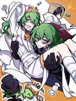 2boys :d acostasu adjusting_clothes adjusting_headwear arms_up ascot bag bandaged_leg bandages black_coat black_gloves black_hat blush brown_hat candy carrying cheek_tattoo chinese_commentary closed_mouth coat collared_shirt commentary_request crossed_bangs double-parted_bangs fangs feet_out_of_frame food gatling_pea_(plants_vs._zombies) gloves green_eyes green_hair hair_between_eyes half-closed_eyes halloween_costume hands_up hat highres holding holding_bag jacket leaf lollipop long_hair long_sleeves looking_at_viewer multiple_boys official_alternate_costume open_mouth orange_ascot outline peashooter_(plants_vs._zombies) personification plants_vs._zombies plants_vs._zombies_2 princess_carry shirt shorts simple_background smile swirl_lollipop tattoo top_hat white_background white_jacket white_outline white_shirt white_shorts wrapped_candy