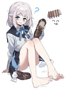 Rule 34 | 1girl, ?, ^ ^, absurdres, after ejaculation, ass, bar censor, bare legs, barefoot, black overskirt, blue eyes, blue ribbon, blue skirt, blush, braid, brown shoes, censored, closed eyes, commentary request, cum, cum on body, cum on clothes, cum on hair, disembodied penis, facial, gakuen idolmaster, grey hair, hair ribbon, half up braid, hatsuboshi gakuen school uniform, highres, holding, holding shoes, holding unworn clothes, idolmaster, jacket, katsuragi lilja, knees up, loafers, mcwanderer, neck ribbon, penis, ribbon, ribbon braid, school uniform, shirt, shoes, short hair, simple background, sitting, skirt, socks, toes, unworn shoes, white background, white jacket, white shirt, white socks