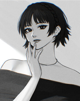 1girl absurdres alternate_costume bare_shoulders braid closed_mouth collarbone commentary crown_braid dress english_commentary finger_to_own_chin greyscale hand_up highres ikhwan_maulana jewelry lipgloss lips looking_at_viewer monochrome necklace niijima_makoto off-shoulder_dress off_shoulder persona persona_5 short_hair solo upper_body