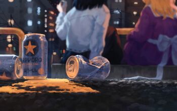 2girls absurdres alcohol apartment back_ribbon beer beer_can black_hair black_skirt blonde_hair blurry blurry_background building can city_lights commentary_request concrete depth_of_field dress drink_can facing_away highres holding holding_can long_hair maribel_hearn multiple_girls power_lines purple_dress ribbon sapporo_beer satellitedragon shirt short_hair sitting skirt touhou urban usami_renko utility_pole white_ribbon white_shirt