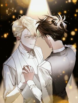 2boys blonde_hair bow bowtie brown_hair collar draco_malfoy eyebrows_hidden_by_hair formal_clothes glasses glasses108 grey_eyes hair_between_eyes hand_on_another's_shoulder harry_potter harry_potter_(series) holding_hands looking_at_another male_focus multiple_boys parted_lips shirt short_hair smile spotlight suit teeth upper_body vest white_shirt white_suit wing_collar wizarding_world yaoi