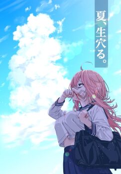 1girl ahoge bag bags_under_eyes bandaid bandaid_on_face bandaid_on_hand bandaid_on_nose blood blood_on_hands blue_sailor_collar blue_skirt blue_sky breasts day hogerarara large_breasts lens_flare long_hair long_sleeves michinoku_komaro midriff nosebleed pink_hair sailor_collar school_bag school_uniform seitokai_ni_mo_ana_wa_aru! serafuku shirt skirt sky solo translation_request white_shirt wiping_nose