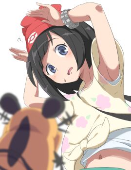 1girl ? armpits beanie black_hair blue_eyes blush bubukka dedenne gen_6_pokemon hat looking_at_viewer midriff navel nintendo pokemon pokemon_(creature) pokemon_sm red_hat selene_(pokemon) short_hair short_sleeves simple_background white_background