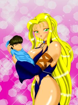 baby bare_hips bare_shoulders blonde_hair blush breasts detached_sleeves dress green_eyes highres jura_basil_elden large_breasts long_hair shiny_skin vandread