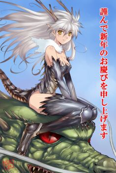 1girl artist_name black_eyes blue_sky breasts chinese_zodiac claws cleavage closed_mouth colored_sclera commentary dragon dragon_girl dragon_horns dragon_tail eastern_dragon eastern_dragon_horns elbow_gloves floating_hair fur_collar gloves grey_hair grey_leotard highres horns judy_totoya leotard long_hair looking_at_viewer marking_on_cheek medium_breasts new_year original outdoors pointy_ears red_sclera riding riding_dragon scales sky slit_pupils smile strapless strapless_leotard tail year_of_the_dragon yellow_eyes