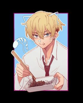 Rule 34 | 1boy, 29o52413, animal ears, blonde hair, cat boy, cat ears, cat tail, chopsticks, collared shirt, drawing (object), earrings, eating, green eyes, hair between eyes, highres, holding, holding chopsticks, instant noodles, instant soba, jewelry, long sleeves, looking at viewer, male focus, matsuno chifuyu, necktie, red necktie, school uniform, shirt, short hair, single earring, tail, tokyo revengers, upper body, white shirt