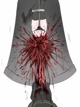 1girl amon_(lord_of_the_mysteries) bell black_boots black_panties black_thighhighs blood boots commentary death english_commentary ero_guro execution genderswap genderswap_(mtf) guro highres kikinotamai lord_of_the_mysteries panties simple_background solo thighhighs underwear upside-down white_background
