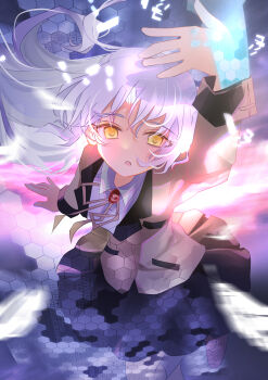 1girl :o absurdres angel_beats! arm_up binary black_skirt collared_shirt commentary cowboy_shot eyes_visible_through_hair floating_hair hair_between_eyes hand_sonic highres jacket long_hair long_sleeves looking_at_viewer marianzu miniskirt neck_ribbon open_mouth pleated_skirt ribbon school_uniform shirt skirt solo tachibana_kanade white_hair white_shirt yellow_eyes yellow_jacket yellow_ribbon