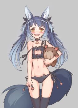 Rule 34 | 1girl, animal ears, bell, black bra, black hair, black panties, black thighhighs, blush, bra, brown eyes, bulge, cat lingerie, collar, fang, female focus, highres, hug, jingle bell, long hair, navel, open mouth, original, panties, ribbon, side-tie panties, smile, solo, strap slip, stuffed animal, stuffed toy, tail, tears, teddy bear, thigh gap, thighhighs, third-party edit, twintails, underwear, very long hair, very long tail, wolf ears, yellowpaint.