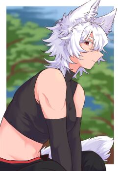 1girl alternate_costume animal_ear_fluff animal_ears black_gloves black_pants black_shirt blurry breasts closed_mouth commentary_request crop_top cropped_shirt depth_of_field elbow_gloves gloves grey_hair highres inubashiri_momiji large_breasts looking_at_viewer midriff min.k missing_headwear navel pants red_eyes shirt short_hair sleeveless sleeveless_shirt sleeveless_turtleneck solo tail touhou tree turtleneck turtleneck_shirt wolf_ears wolf_girl wolf_tail