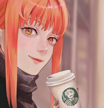 1girl absurdres aegyo_sal alternate_costume asaki_illust black_sweater blurry blurry_background chainsaw_man cup depth_of_field disposable_coffee_cup disposable_cup highres logo_parody looking_at_viewer makima_(chainsaw_man) orange_eyes orange_hair outdoors portrait red_lips ringed_eyes sidelocks solo starbucks sweater turtleneck turtleneck_sweater