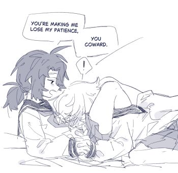 ! 2girls between_legs blush commentary ezier greyscale highres holding_hands interlocked_fingers leg_lock monochrome multiple_girls original pleated_skirt ponytail school_uniform serafuku short_ponytail skirt spoken_exclamation_mark yuri