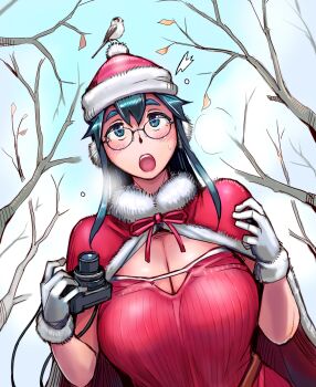 1girl akiyama-san_no_tori_life akiyama_ibuki animal animal_on_head bird bird_on_head black_hair blue_eyes blush breasts camera cape cleavage commentary_request dress earmuffs fur-trimmed_cape fur-trimmed_gloves fur-trimmed_headwear fur_trim glasses gloves hands_up hat highres holding holding_camera huge_breasts looking_up on_head open_mouth outdoors red_cape red_dress red_hat red_ribbon ribbon santa_hat solo tsuda_nanafushi upper_body white_gloves winter