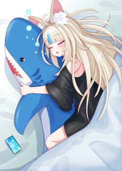 1girl absurdres ahoge alternate_costume black_shirt blonde_hair blue_hair blush cellphone closed_eyes fang fish_girl highres hugging_doll hugging_object indie_virtual_youtuber long_hair multicolored_hair open_mouth phone rei_(2812q) sameko_saba shirt skin_fang smartphone solo streaked_hair stuffed_animal stuffed_shark stuffed_toy very_long_hair virtual_youtuber