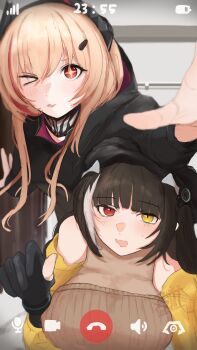 +_+ 2girls :d ;d absurdres arm_on_another's_head bare_shoulders black_gloves black_hair black_jacket blonde_hair blush breasts brown_sweater clothes_pull commentary_request girls'_frontline girls'_frontline_2:_exilium gloves hair_ornament hairclip hands_up headgear heterochromia highres indoors jacket jacket_pull large_breasts long_hair looking_at_viewer m4_sopmod_ii_(girls'_frontline) medium_breasts multicolored_hair multiple_girls off_shoulder one_eye_closed open_clothes open_jacket open_mouth re_numasakana reaching reaching_towards_viewer red_eyes red_hair ro635_(girls'_frontline) robella_(girls'_frontline_2) smile streaked_hair sweater twintails two-tone_hair upper_body vertical-striped_sweater very_long_hair video_call white_hair yellow_eyes yellow_jacket