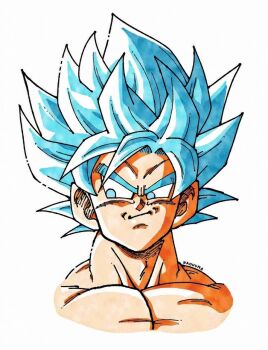 Rule 34 | 1boy, blue eyes, blue hair, dragon ball, dragonball z, male focus, medium hair, muscular, muscular male, naouuma art, simple background, solo, son goku, spiked hair, super saiyan, super saiyan blue, upper body, white background
