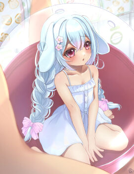 1girl animal_ears barefoot blue_hair bontan_02 bow braid breasts capsule dress gashapon hair_bow hair_ornament highres in_container long_hair low-tied_long_hair mini_person minigirl original rabbit_ears rabbit_girl red_eyes ribbon sitting small_breasts sundress thighs toes twin_braids v_arms very_long_hair white_dress