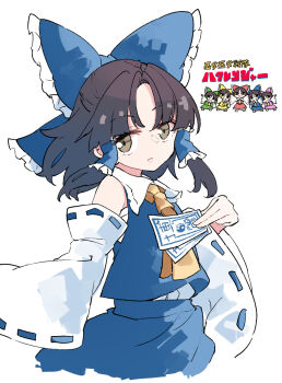 5girls alternate_color ascot bow brown_eyes brown_hair closed_mouth commentary_request deetamu detached_sleeves frilled_bow frilled_hair_tubes frills green_bow green_skirt hair_bow hair_tubes hakurei_reimu highres holding holding_ofuda long_hair multiple_girls multiple_persona ofuda parody pink_bow pink_skirt power_rangers red_bow red_skirt ribbon-trimmed_sleeves ribbon_trim simple_background skirt skirt_set touhou translation_request white_background yellow_ascot yellow_bow yellow_skirt